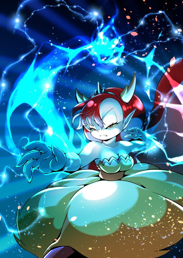 black_tiara blue_energy breasts clothing dress fangs female fighting_pose frown hair horn humanoid_pointy_ears long_hair magic magic_user not_furry pale_skin pointy_ears pose red_eyes red_hair solo teeth yellow_clothing yellow_dress yellow_sclera cocco disney star_vs._the_forces_of_evil hekapoo horned_humanoid humanoid