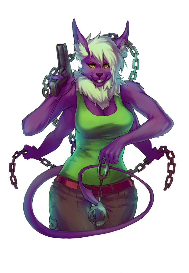 4_arms anthro breasts chain clothed clothing cuff_(restraint) female fully_clothed fur gun hair handcuffs handgun holding_chain holding_gun holding_handgun holding_object holding_pistol holding_ranged_weapon holding_weapon inner_ear_fluff looking_at_viewer metal_cuffs multi_arm multi_limb pistol purple_body purple_fur ranged_weapon restraints shackles simple_background solo transparent_background tuft weapon white_hair white_inner_ear_fluff reilukah nusair khyn alpha_channel digital_media_(artwork) shaded