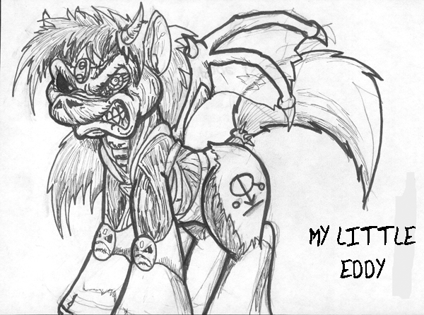 ambiguous_gender angry cutie_mark cybernetics feral horn machine membrane_(anatomy) membranous_wings skinless solo wings chip_n'death hasbro iron_maiden_(band) my_little_pony eddie_(iron_maiden) equid equine horse mammal pony 2011 crossover monochrome