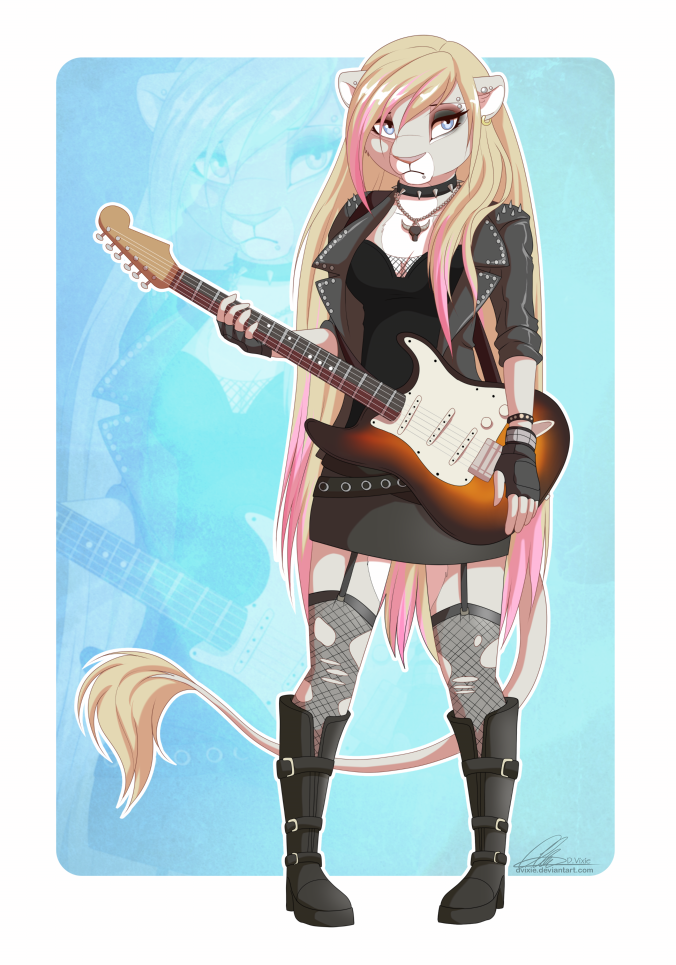 5_fingers alternative_fashion anthro blonde_hair blowup_background blue_eyes boots breasts clothed clothing ear_piercing female fingers footwear guitar hair holding_object musical_instrument piercing pigeon_toed plucked_string_instrument punk shoes simple_background solo string_instrument dvixie angel_(dennyvixen) felid lion mammal pantherine 2018 digital_media_(artwork)