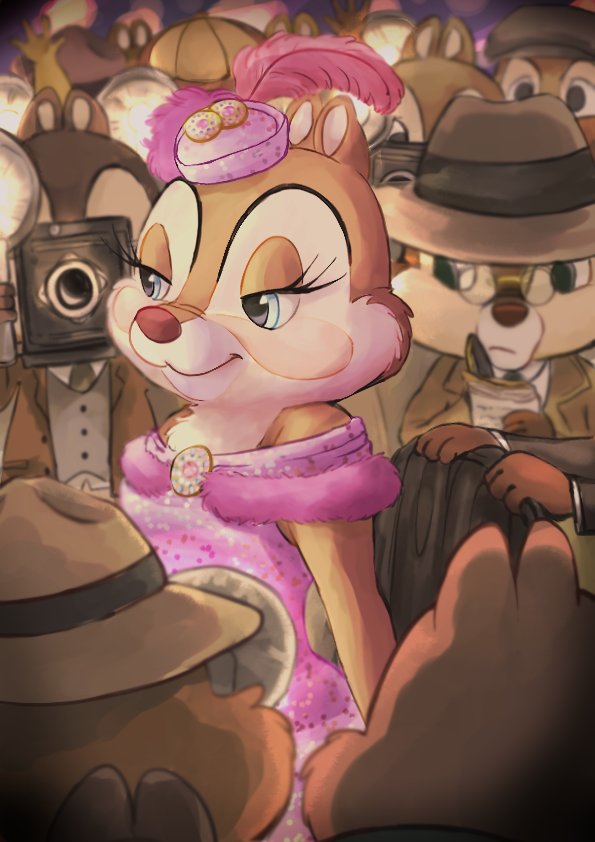 anthro blue_eyes blush clothed clothing dress eyelashes female fur group hat headgear headwear male narrowed_eyes paparazzi purple_clothing purple_dress purple_hat purple_headwear red_nose smile tan_body tan_fur disney_nns chip_'n_dale disney clarice_(disney) chipmunk ground_squirrel mammal rodent sciurid