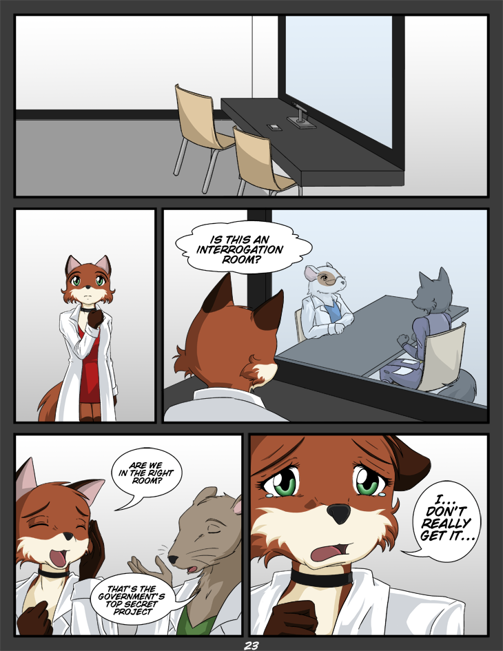 anthro black_nose clothed clothing coat dialogue female lab_coat male scientist text topwear kurapika raven_wolf eve_cadrey yula_(raven_wolf) canid canine caviid fox guinea_pig mammal murid murine rat rodent comic english_text