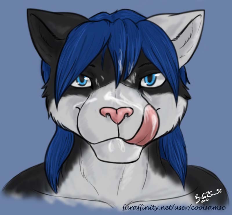 blue_eyes blue_hair bodily_fluids cum cum_on_face cum_on_tongue genital_fluids hair licking male pink_nose smile solo text tongue tongue_out shadowsky maho-gato domestic_cat felid feline felis mammal bust_portrait portrait signature url