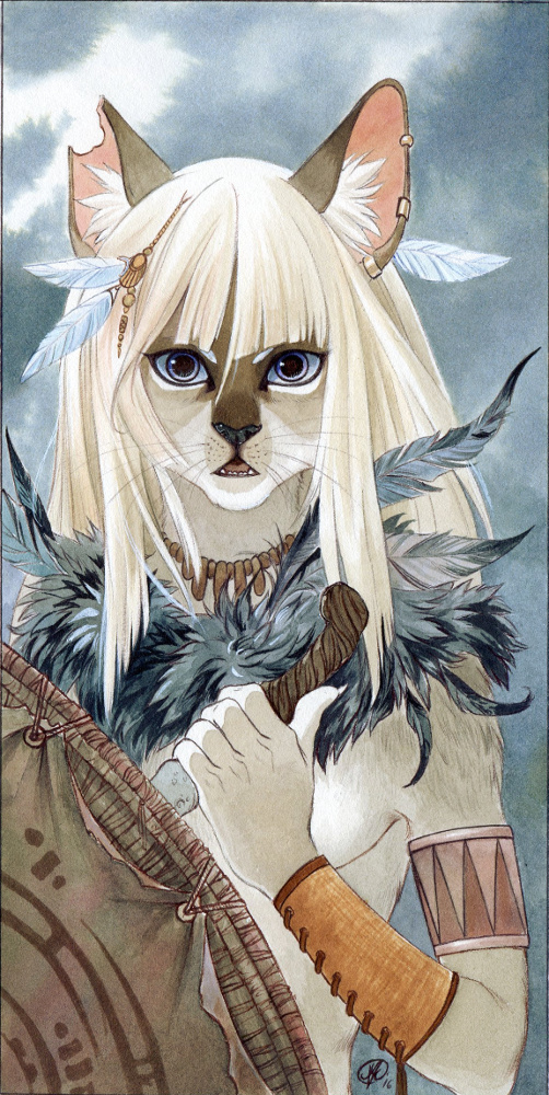 anthro armband blue_eyes clothed clothing fur hair knife long_hair looking_at_viewer male open_mouth shield solo topless whiskers white_body white_fur white_hair nekoart domestic_cat felid feline felis mammal traditional_media_(artwork)