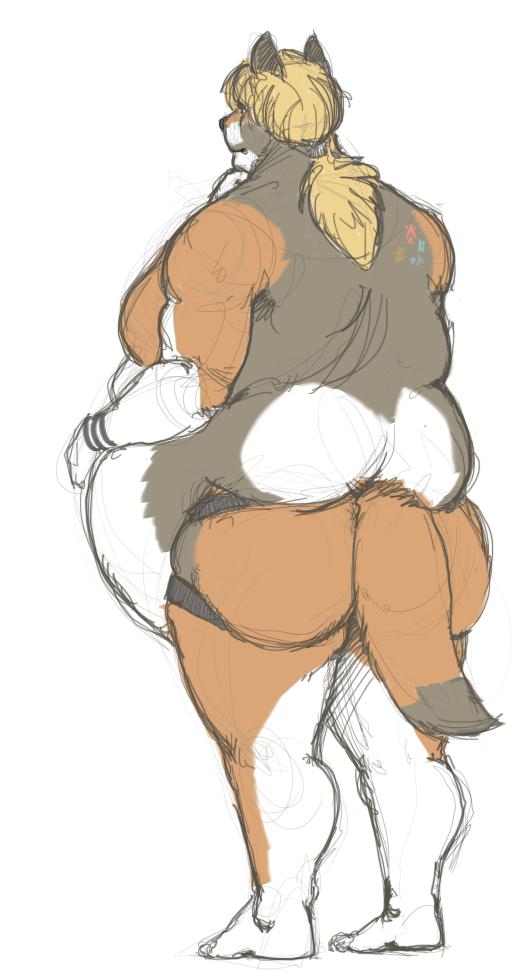 anthro belly blonde_hair butt clothing fur hair jockstrap long_hair male obese obese_anthro obese_male overweight overweight_anthro overweight_male solo tattoo underwear yasano luxordtimet timet canid canine canis mammal wolf