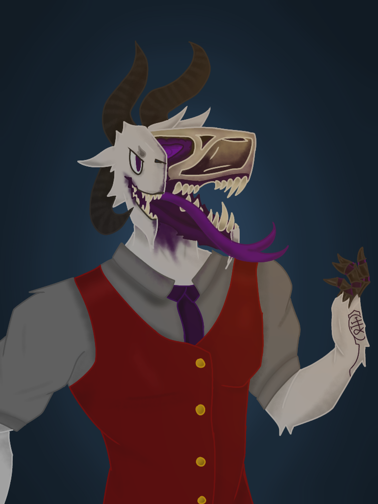 anthro black_horn blood bodily_fluids body_horror bone brain_matter clothing colored_blood creepy fangs fur grey_clothing grey_shirt grey_topwear hand_tattoo horn long_tongue male necktie polycerate purple_blood purple_eyes purple_tongue red_clothing red_topwear red_vest scary shirt solo tattoo teeth tongue tongue_out topwear unusual_blood unusual_bodily_fluids vest white_body white_fur deadwell_(artist) cornelius_deadwell bovid caprine caprine_demon demon goat_demon hybrid mammal rocky_mountain_goat 3:4