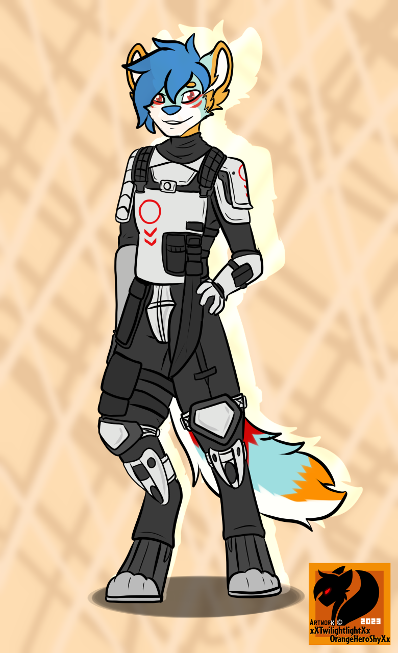 armor black_armor blue_hair fur hair hand_on_hip looking_at_viewer male multicolored_body multicolored_fur red_eyes simple_background solo white_armor xxtwilightlightxx electronic_arts respawn_entertainment titanfall titanfall_2 falcon_woodwere arctic_wolf canid canine canis mammal wolf hi_res