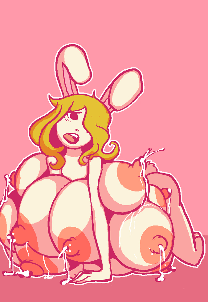 12_breasts all_fours big_breasts blonde_hair bodily_fluids breasts female hair huge_breasts hyper hyper_breasts lactating messy milk multi_breast nipples nude pink_background simple_background solo teeth tongue pwcsponson sponson lagomorph leporid mammal rabbit