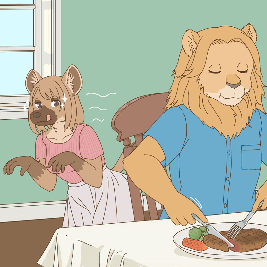 anthro beef clothed clothing cutlery duo eyes_closed female food fork kemono kitchen_utensils knife licking male mane meat steak tongue tools ekaki510 felid hyena lion mammal pantherine spotted_hyena 1:1