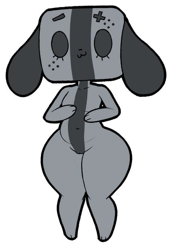 3_fingers anthro barely_visible_genitalia barely_visible_pussy black_eyes empty_eyes female fingers flat_chested genitals grey_body grey_skin looking_at_viewer nude paws pussy short_stack simple_background solo standing thick_thighs white_background wide_hips itsthedoodleden nintendo nintendo_switch switch_dog animate_inanimate canid mammal full-length_portrait portrait