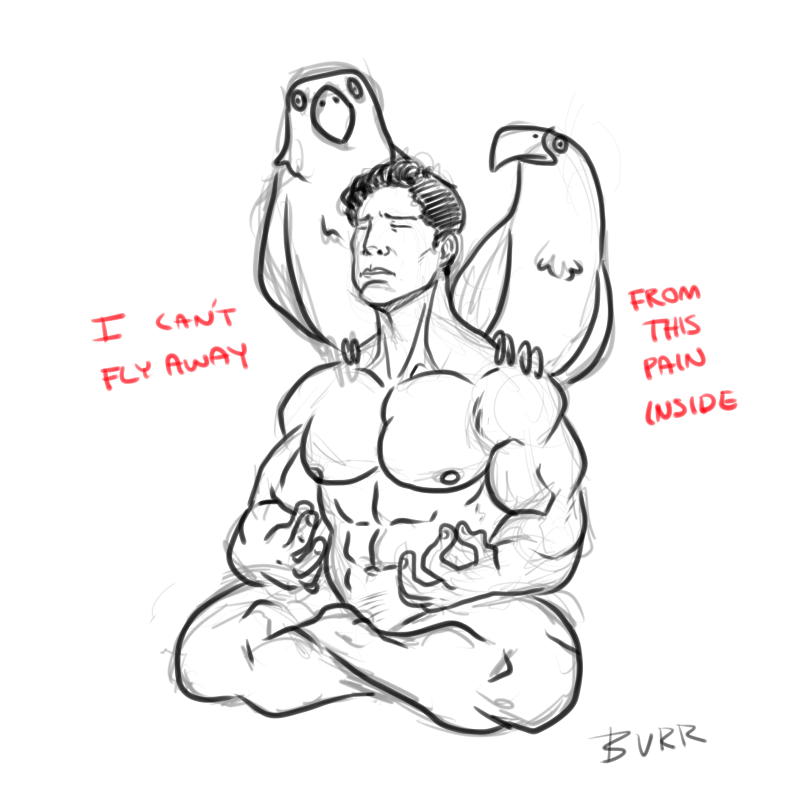 angst crossed_legs eyes_closed feral group male muscular nude simple_background text white_background burr_(artist) gachimuchi billy_herrington avian bird human mammal 1:1 2015 digital_drawing_(artwork) digital_media_(artwork) english_text