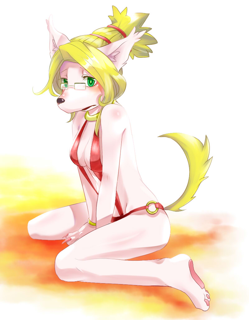 anthro barefoot biped blonde_hair blush bracelet breasts clothed clothing eyewear feet female fur glasses green_eyes hair hair_up humanoid_feet inner_ear_fluff jewelry kneeling looking_aside looking_at_viewer o-ring o-ring_swimwear one-piece_swimsuit pawpads pink_pawpads plantigrade red_sling_bikini side_view skimpy sling_bikini solo swimwear tail tuft wearing_glasses white_body white_fur yellow_tail kanoko_mican cyberconnect2 little_tail_bronx solatorobo merveille_million canid canine caninu canis collie domestic_dog herding_dog mammal pastoral_dog sheepdog 2011