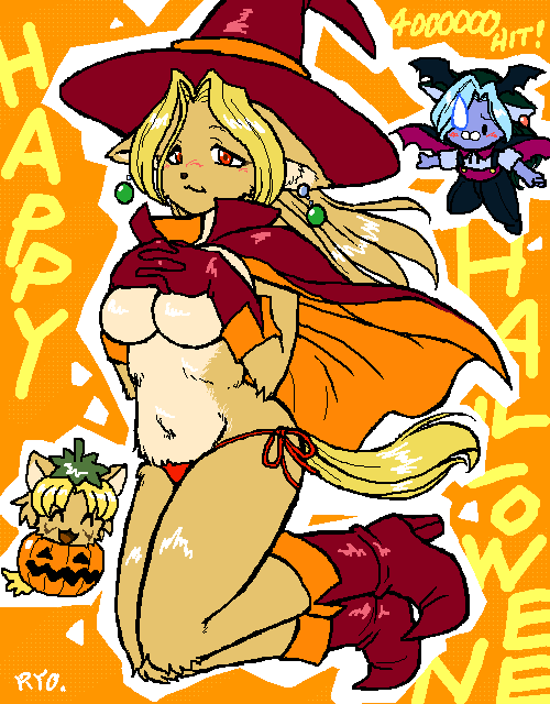 anthro blonde_hair blue_hair bodily_fluids boots breasts cape chibi clothed clothing costume ear_piercing female food footwear fruit gloves group hair handwear hat headgear headwear high_heeled_boots high_heels holidays jack-o'-lantern magic_user piercing plant pumpkin red_eyes shoes skimpy solo_focus sweat sweatdrop tail topless under_boob witch witch_hat ryou halloween al_(ryou) aria_(ryou) canid canine canis domestic_dog mammal undead vampire digital_media_(artwork) oekaki