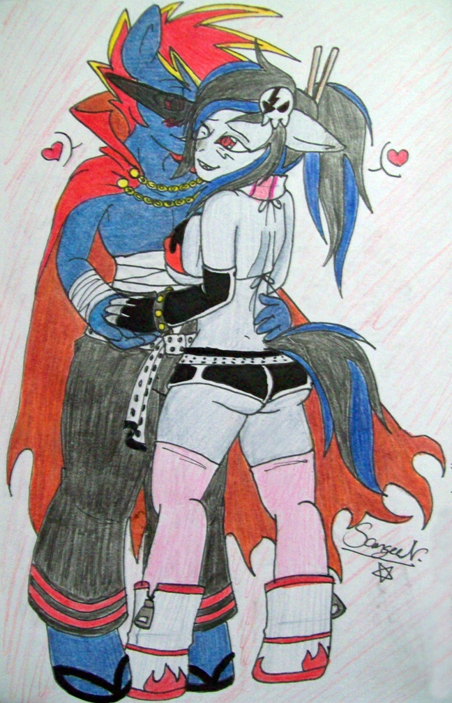 anthro big_butt blue_body blue_fur breasts butt cosplay duo female flame_bikini flame_pattern fur grey_body grey_fur hair horn long_hair male wings mothernoroi friendship_is_magic hasbro my_little_pony mythology tengen_toppa_gurren_lagann nightshade prodigy_skyfire yoko_littner demon equid equine mammal mythological_creature mythological_equine winged_unicorn crossover