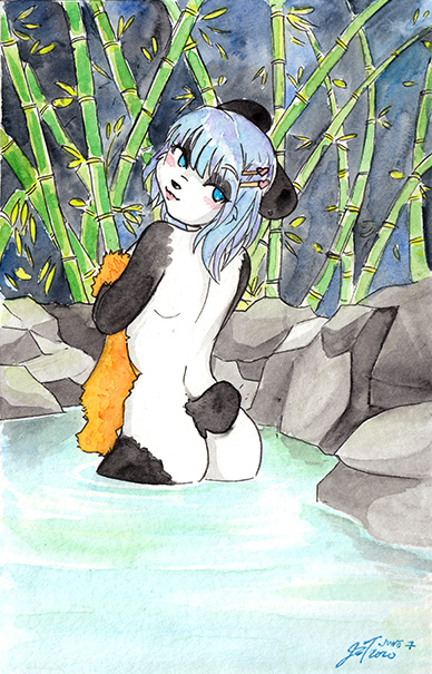 anthro bamboo blue_eyes blue_hair blush butt female fur hair hot_spring looking_back nude onsen partially_submerged rear_view solo water white_body white_fur j3t momo_(j3t) bear giant_panda mammal momo_(disambiguation) 2020 painting_(artwork) traditional_media_(artwork) watercolor_(artwork)