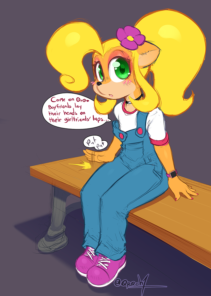 accessory anthro clothed clothing dialogue female flower flower_in_hair footwear green_eyes hair hair_accessory overalls plant shoes simple_background solo speech_bubble talking_to_viewer text 0r0ch1 activision crash_bandicoot_(series) coco_bandicoot bandicoot mammal marsupial english_text