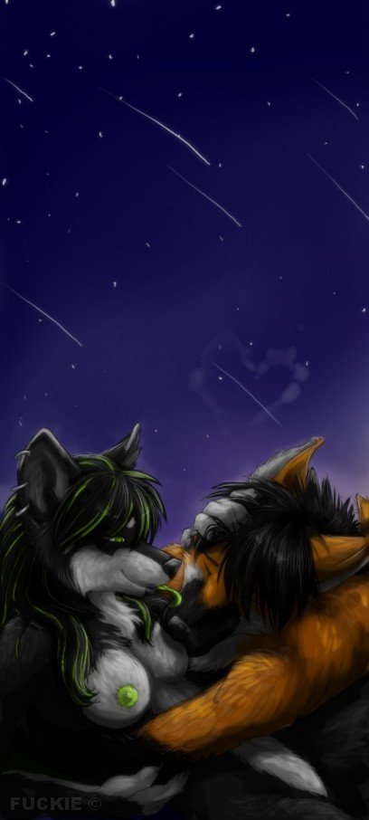 anthro breasts detailed_background duo ear_piercing female licking male male/female meteor_shower night nipples outside piercing romantic romantic_ambiance romantic_couple shooting_star sky star starry_sky tongue tongue_out fuckie fuckie_(character) raksha_silvermoon canid canine mammal maned_wolf