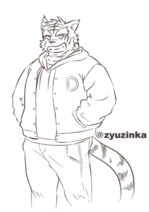 anthro bottomwear cheek_tuft clothed clothing facial_tuft fully_clothed fur head_tuft hoodie male pants smile solo striped_body striped_fur stripes teeth topwear tuft vest ry_o morenatsu torahiko_(morenatsu) felid mammal pantherine tiger 2023 black_and_white line_art monochrome