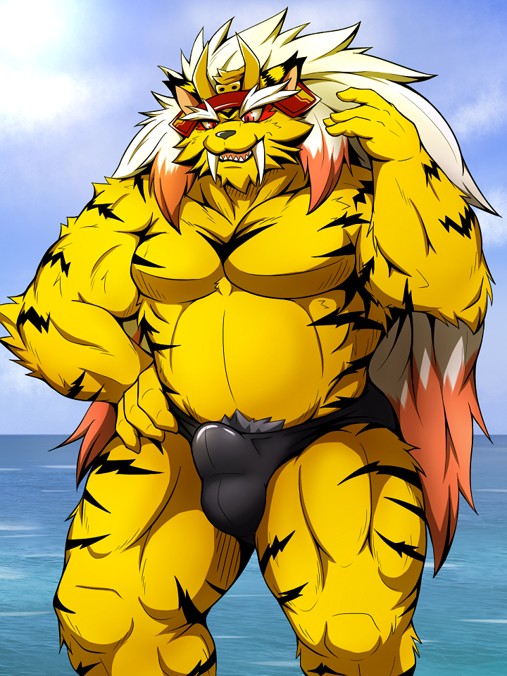 anthro beach biceps biped black_body black_fur bulge clothed clothing fangs fur male musclegut muscular muscular_anthro muscular_male outside pecs red_eyes seaside simple_background solo speedo standing stripes swimwear teeth topless water yellow_body yellow_fur chocobo4869 felid mammal pantherine tiger 3:4