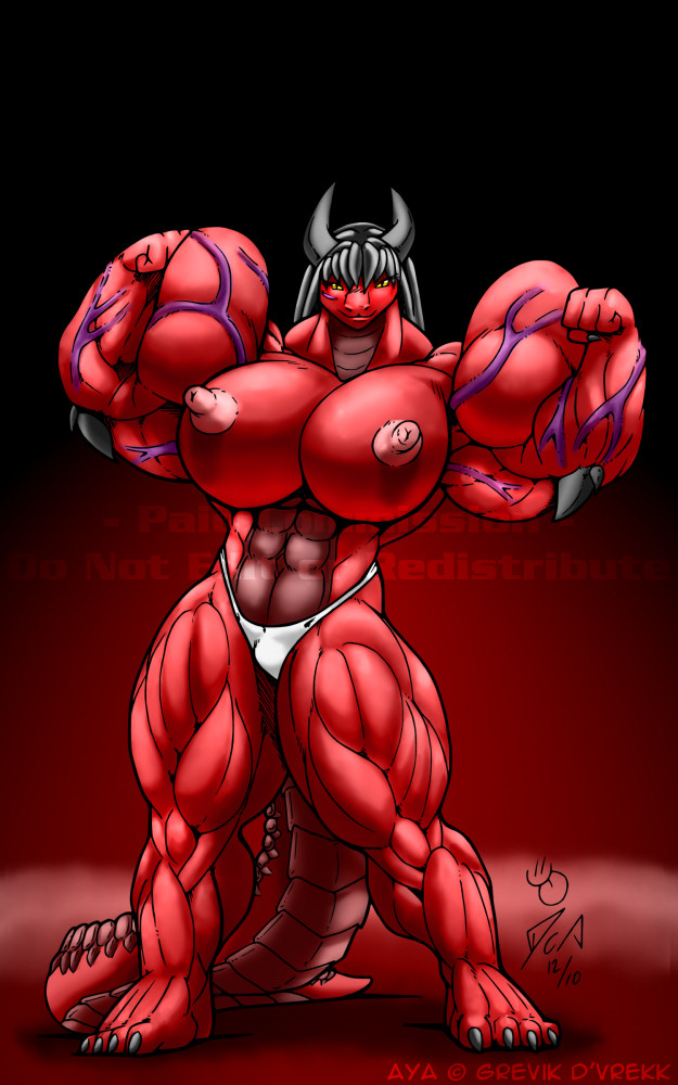 abs anthro biceps big_breasts breasts clothing do_not_distribute female horn hyper muscular muscular_anthro muscular_female nipples non-mammal_breasts non-mammal_nipples pose solo tail thong underwear vein yellow_eyes docwolph mythology dragon mythological_creature mythological_scalie scalie 5:8