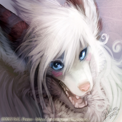 anthro blue_eyes blush female fluffy hair looking_at_viewer smile solo white_hair quirachen canid canine fox mammal 1:1 low_res