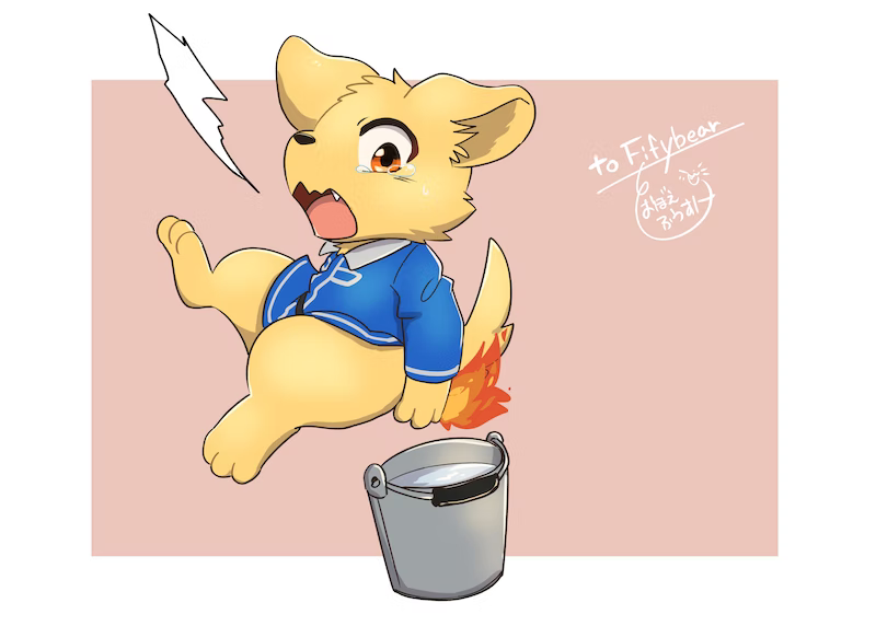 anthro bodily_fluids bucket bucket_of_water burning butt_on_fire container fire fur hand_on_butt male open_mouth pain solo tail tears water yellow_body yellow_fur tooboe_huusuke sword_(fifybear) canid canine canis domestic_dog mammal