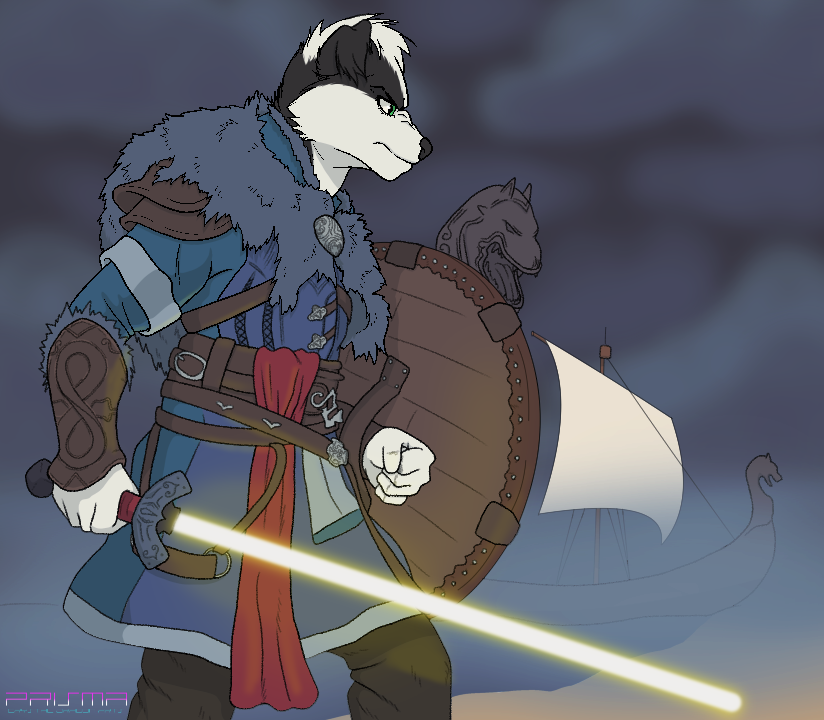 anthro armor clothed clothing hair holding_object holding_weapon lightsaber male melee_weapon outside sea shield ship solo vehicle viking water watercraft weapon yellow_lightsaber prismanoodle_(artist) assassin's_creed star_wars ubisoft border_collie canid canine canis collie domestic_dog herding_dog mammal pastoral_dog sheepdog 2020 digital_media_(artwork)