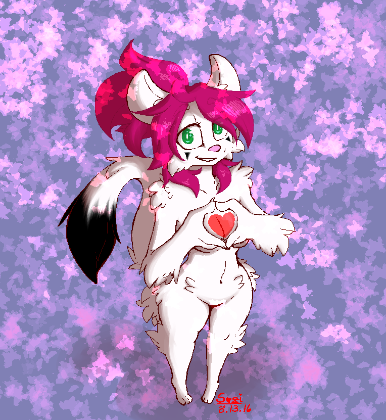 abstract_background anthro arm_tuft black_tail butt_tuft elbow_tuft facial_markings featureless_crotch feet female fluffy fur green_eyes hair head_markings heart_symbol hindpaw hip_tuft leg_tuft looking_at_viewer markings nude paws pink_hair shoulder_tuft solo standing tail tail_tuft tuft white_body white_fur suzibean canvas_(mewgle) domestic_cat felid feline felis mammal digital_media_(artwork)