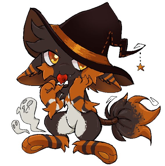 ambiguous_gender brown_body brown_fur clothing fur hat headgear headwear orange_body orange_fur semi-anthro sitting smile solo witch_hat dethtwink ghost spirit