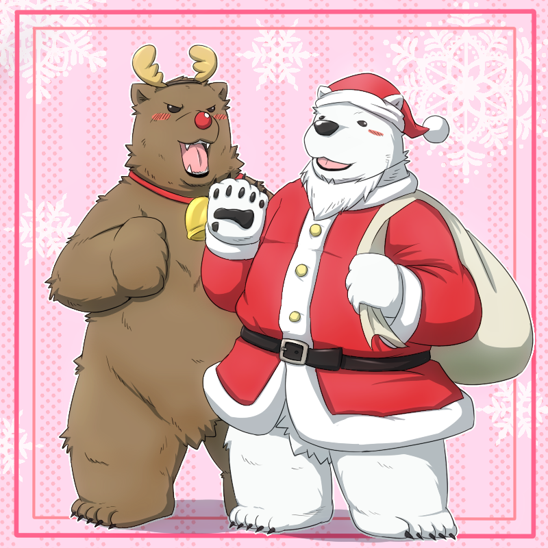 anthro blush brown_body brown_fur clothing duo fur hat headgear headwear holidays male overweight overweight_male white_body white_fur emufu christmas shirokuma_cafe grizzly_(shirokuma_cafe) santa_claus shirokuma bear mammal polar_bear ursine 1:1 2013