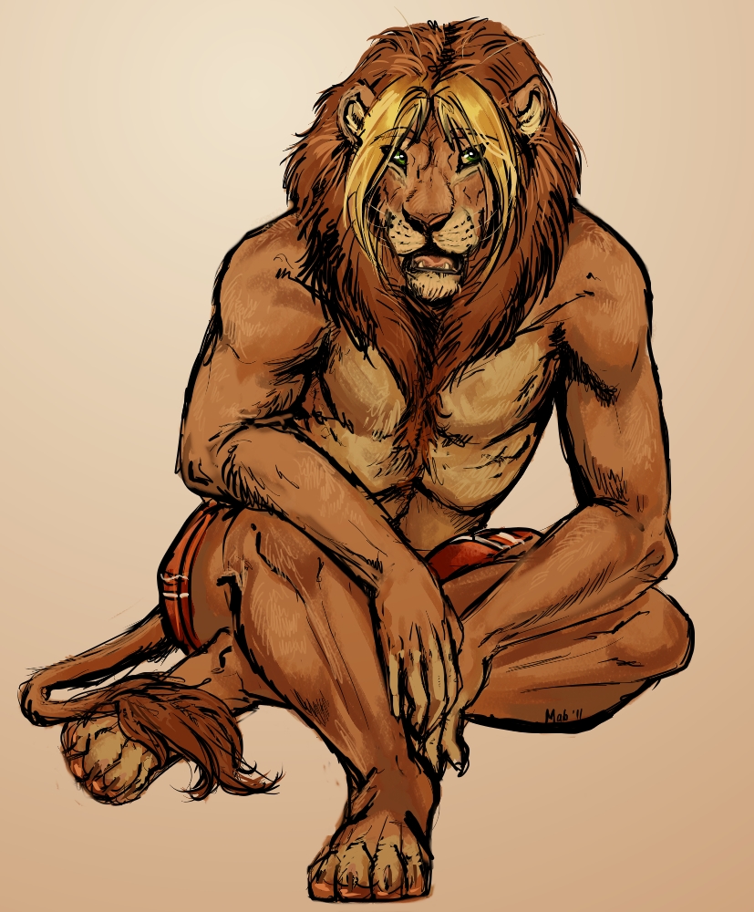 anthro biped bottomwear clothed clothing crossed_legs eye_through_hair front_view green_eyes hair male mane multicolored_hair open_mouth orange_bottomwear orange_clothing shorts sitting solo tail topless translucent translucent_hair two_tone_hair mab felid lion mammal pantherine digital_media_(artwork) digital_painting_(artwork) full-length_portrait portrait