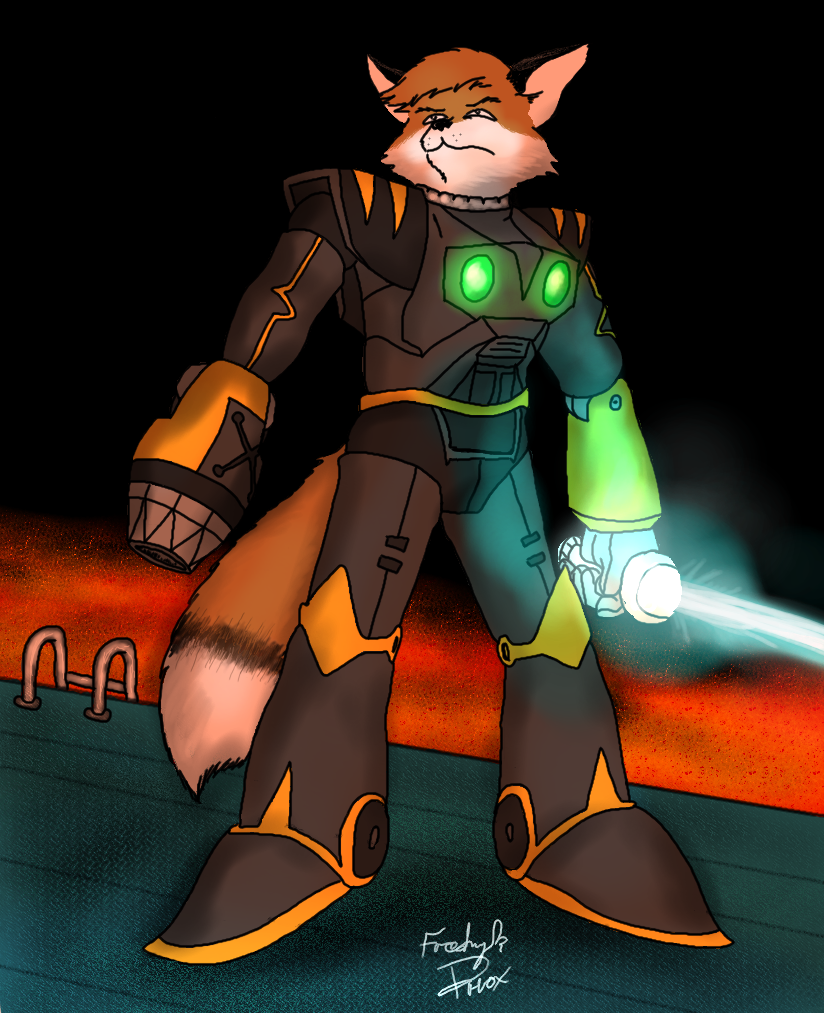 anthro armor fluffy fluffy_tail fur lightsaber male mega_buster melee_weapon multicolored_body multicolored_fur solo tail weapon fredryk_phox capcom star_wars canid canine fox mammal 2010