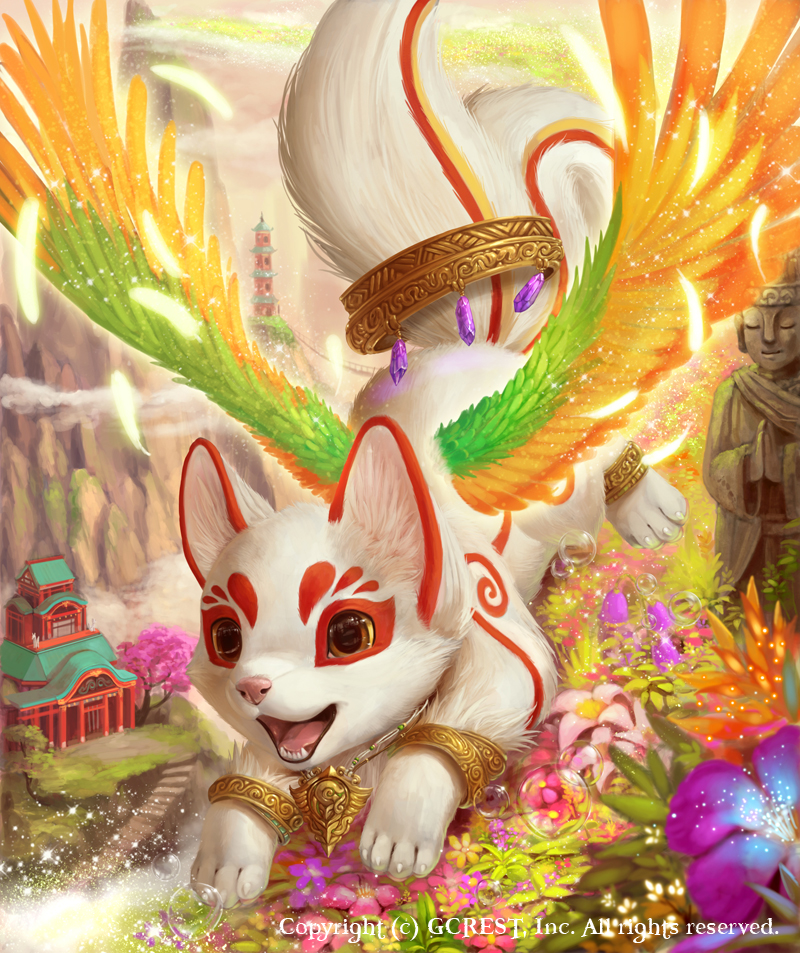 amazing_background ambiguous_gender chibi daww detailed_background feathered_wings feathers feral fur japanese markings outside red_markings solo white_body white_fur wings young young_ambiguous young_feral silverfox5213 inari canid canine fox mammal 2014 colorful_theme detailed