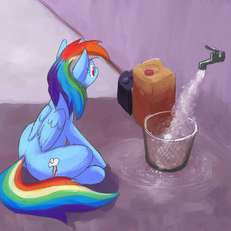 blue_body container cutie_mark faucet female hair multicolored_hair multicolored_tail rainbow_hair rainbow_tail sitting solo tail trash_can water wings rocket-lawnchair friendship_is_magic hasbro my_little_pony mythology rainbow_dash_(mlp) equid equine mammal mythological_creature mythological_equine pegasus 1:1