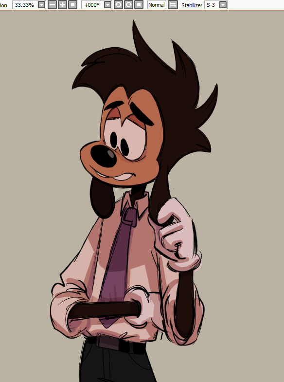 anthro belt black_eyes black_nose bottomwear clothed clothing eyebrows frown gloves grey_background half-closed_eyes handwear male narrowed_eyes necktie pants shirt simple_background solo standing thick_eyebrows topwear touching_ear ciervorobot disney goof_troop max_goof canid canine canis domestic_dog mammal