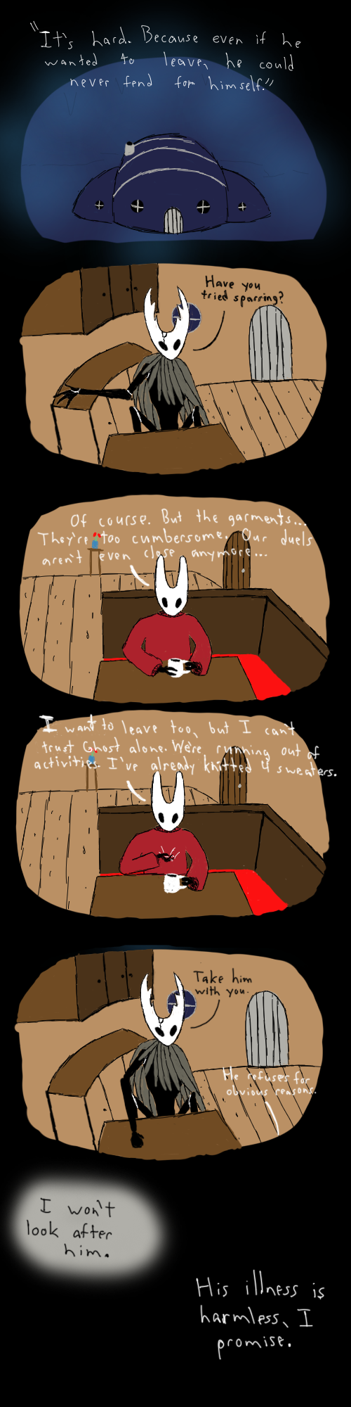 2_horns ambiguous_gender anthro black_body clothed clothing dialogue duo female horn size_difference text soiledvessels hollow_knight team_cherry hollow_knight_(character) hornet_(hollow_knight) arthropod insect vessel_(species) comic digital_media_(artwork) english_text hi_res long_image tall_image