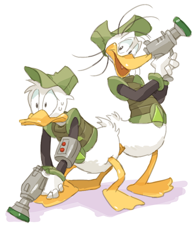 anthro beak bottomless clothed clothing duo gun handgun hat headgear headwear male open_mouth ranged_weapon simple_background weapon nemurism disney donald_duck fethry_duck anatid anseriform avian bird duck 2012 low_res