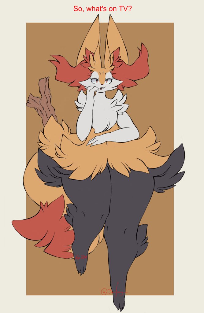 ambiguous_gender anthro dialogue fluffy fluffy_tail huge_ears inner_ear_fluff red_eyes solo stick tail thick_thighs tuft sarifairy nintendo pokemon braixen generation_6_pokemon pokemon_(species) full-length_portrait portrait