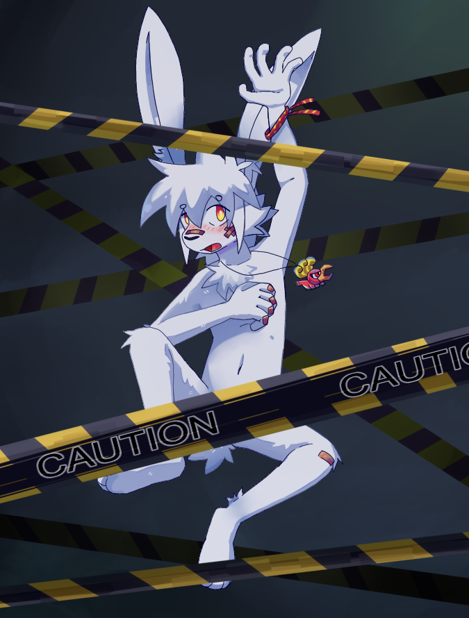 adolescent anthro bandage blush bracelet caution_tape_censor embarrassed jewelry looking_at_viewer male necklace nude open_mouth simple_background solo young axy_usagi axy_(axy_usagi) axy_maze lagomorph leporid mammal rabbit censored