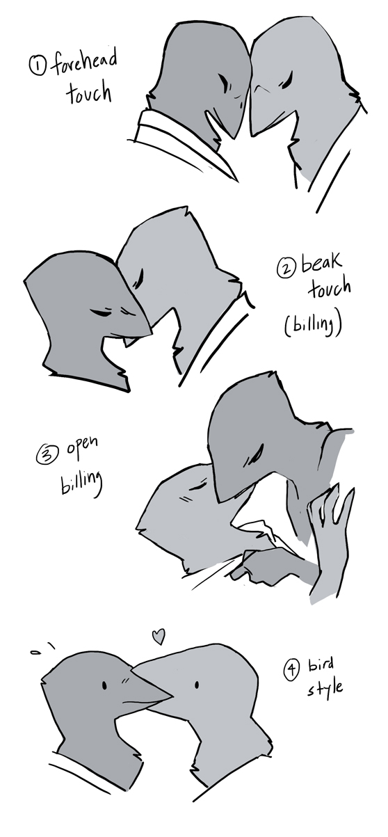 ambiguous_gender anthro beak beak_kiss billing blush duo eyes_closed feathers furgonomics heart_symbol kissing open_mouth simple_background text jisuk asian_mythology east_asian_mythology japanese_mythology mythology avian bird tengu yokai 2015 comic english_text hi_res monochrome