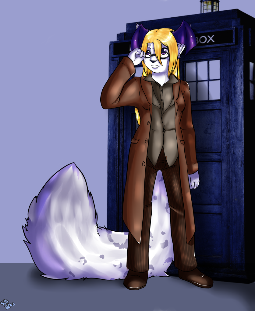 anthro big_tail clothing cosplay eyewear glasses hair long_hair male membrane_(anatomy) membranous_wings police_box solo spots tail tardis wings strawberryneko british_broadcasting_corporation doctor_who kita tenth_doctor the_doctor_(doctor_who) demon felid mammal pantherine snow_leopard