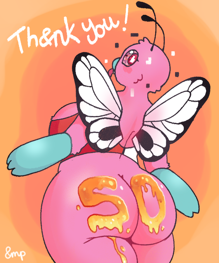 antennae_(anatomy) anthro anthrofied big_breasts big_butt breasts butt butt_focus clothed clothing female food fur glitch honey_(food) huge_butt insect_wings looking_at_viewer looking_back pink_body pink_fur pokemorph presenting presenting_hindquarters red_eyes simple_background slightly_chubby slightly_chubby_female smile solo text thick_thighs wings ampersand_ad nintendo pokemon missi_(ampersand_ad) arthropod butterfly butterfree digital_creature generation_1_pokemon glitch_creature glitch_pokemon insect lepidopteran missingno. pink_butterfree pokemon_(species) 5:6 digital_media_(artwork) shaded