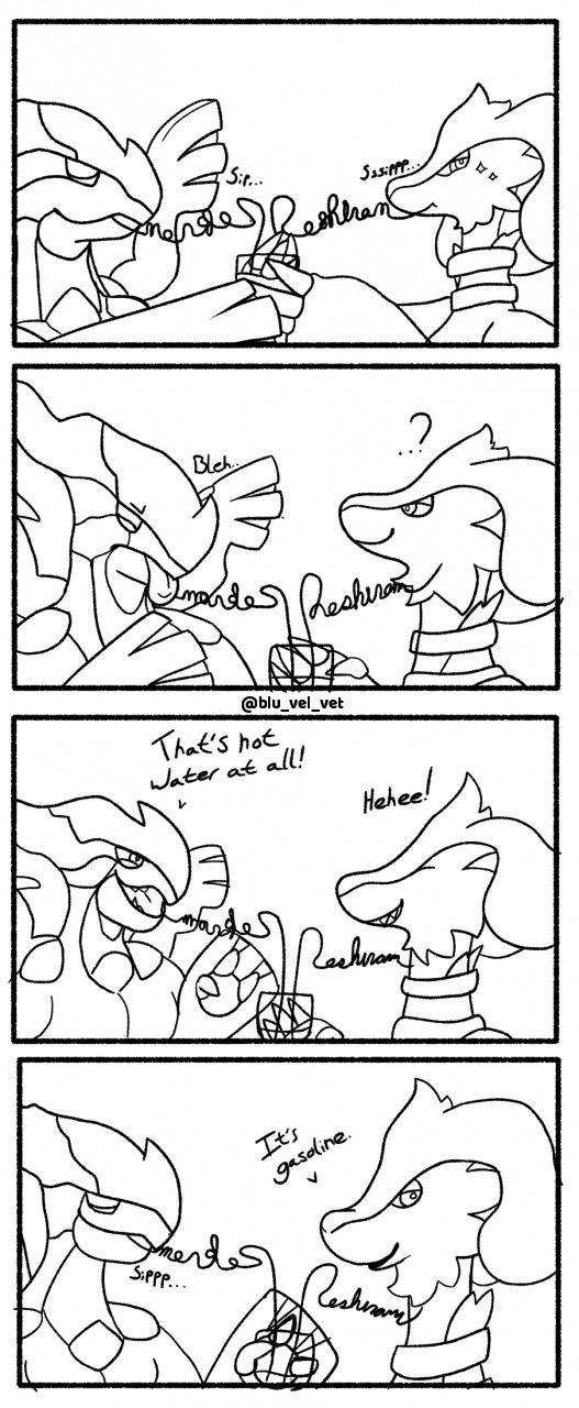 ambiguous_gender anthro drinking drinking_straw duo feral silly_straw sparkles tongue tongue_out baron_montesque nintendo pokemon generation_5_pokemon legendary_pokemon pokemon_(species) reshiram zekrom comic hi_res monochrome