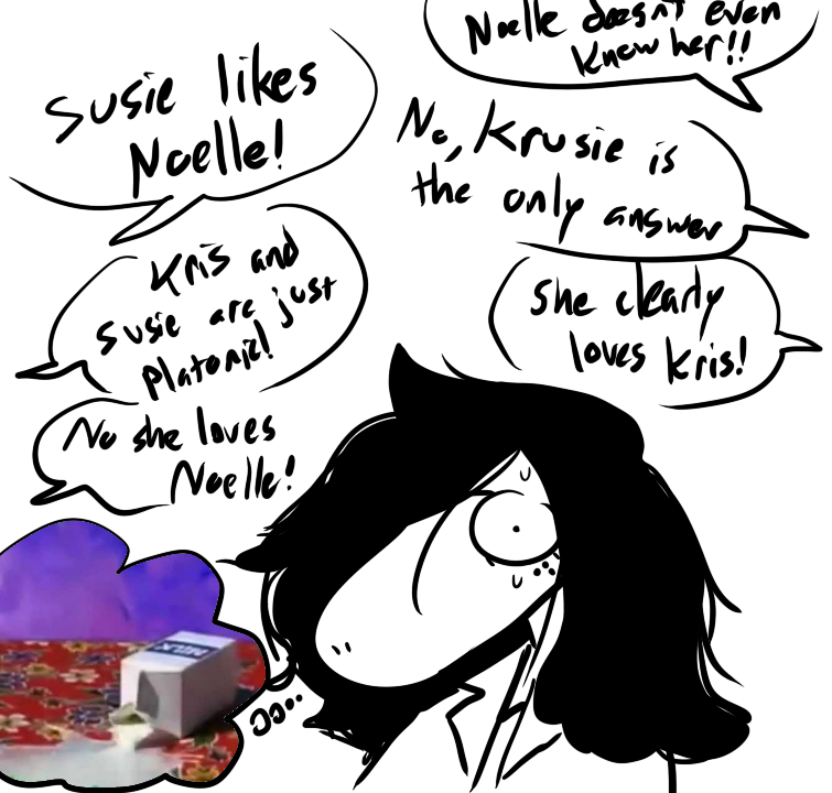 anthro argument black_hair bodily_fluids female hair hair_over_eye humor milk offscreen_character one_eye_obstructed simple_background solo speech_bubble spilled_drink spilled_milk sweat sweatdrop text thought_bubble uncomfortable white_background the_weaver third-party_edit deltarune undertale_(series) susie_(deltarune) humanoid reptile scalie digital_drawing_(artwork) digital_media_(artwork) english_text sketch