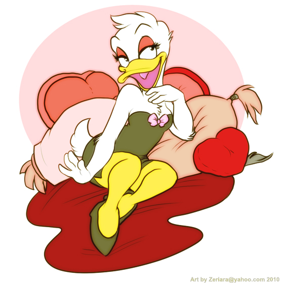 anthro beak bed bedroom_eyes clothed clothing eyelashes feathers female furniture half-closed_eyes narrowed_eyes open_mouth open_smile pose seductive simple_background smile solo text white_body white_feathers zeriara disney daisy_duck anatid anseriform avian bird duck 2010 digital_drawing_(artwork) digital_media_(artwork)