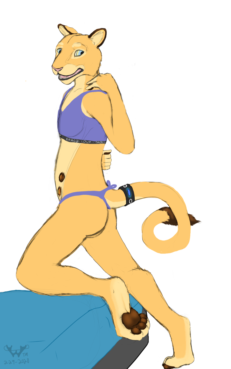 anthro bikini bra bright clothing dracoloup_co female flat_chested pose solo swimwear two-piece_swimsuit underwear wolfywetfurr_(artist) hc_svnt_dracones felid lion mammal pantherine hi_res pinup