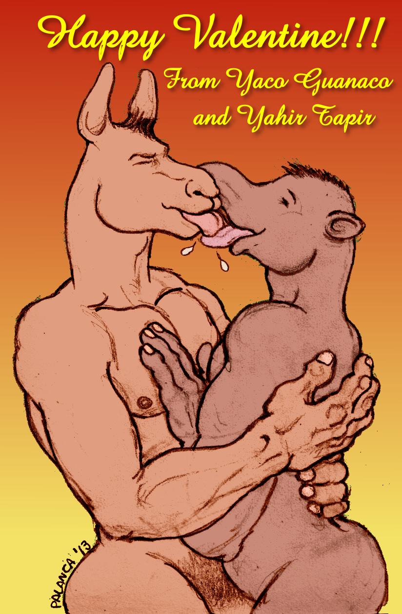 anthro bodily_fluids duo eyes_closed french_kissing genitals gradient_background hand_on_chest hug humanoid_hands intimate kissing male male/male nipples nude penis pubes saliva simple_background text tongue tongue_out palanca yaco_guanaco yahir_tapir camelid guanaco mammal tapir 2013 english_text hi_res