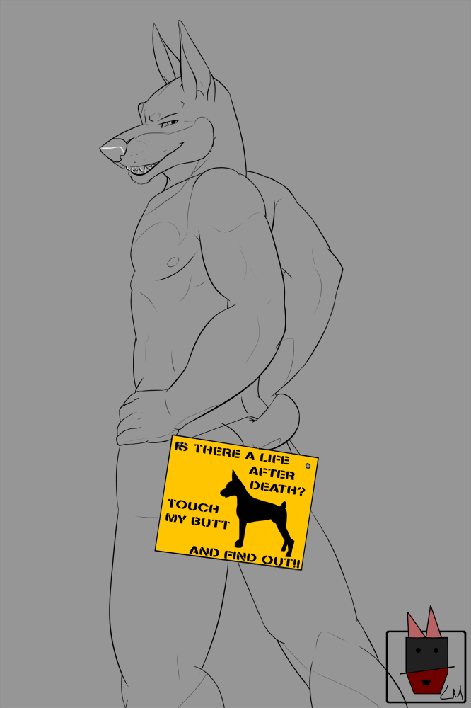 anthro biceps convenient_censorship feral fur grin looking_at_viewer looking_back male muscular muscular_anthro muscular_male nipples pointy_ears prick_ears sign smile solo string linkin_monroe linkin canid canine canis dobermann domestic_dog mammal pinscher greyscale monochrome