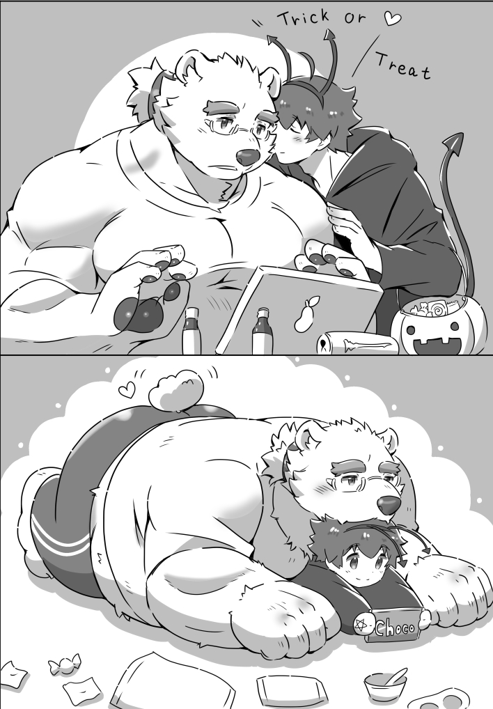 anthro blush duo eyebrows holidays kissing_cheek male male/male musclegut muscular pinned pinned_to_ground romantic romantic_couple size_difference text thick_eyebrows suzuapi2 halloween lifewonders tokyo_afterschool_summoners leib_(tas) protagonist_(tas) twink_protagonist_(tas) bear human mammal polar_bear ursine english_text monochrome