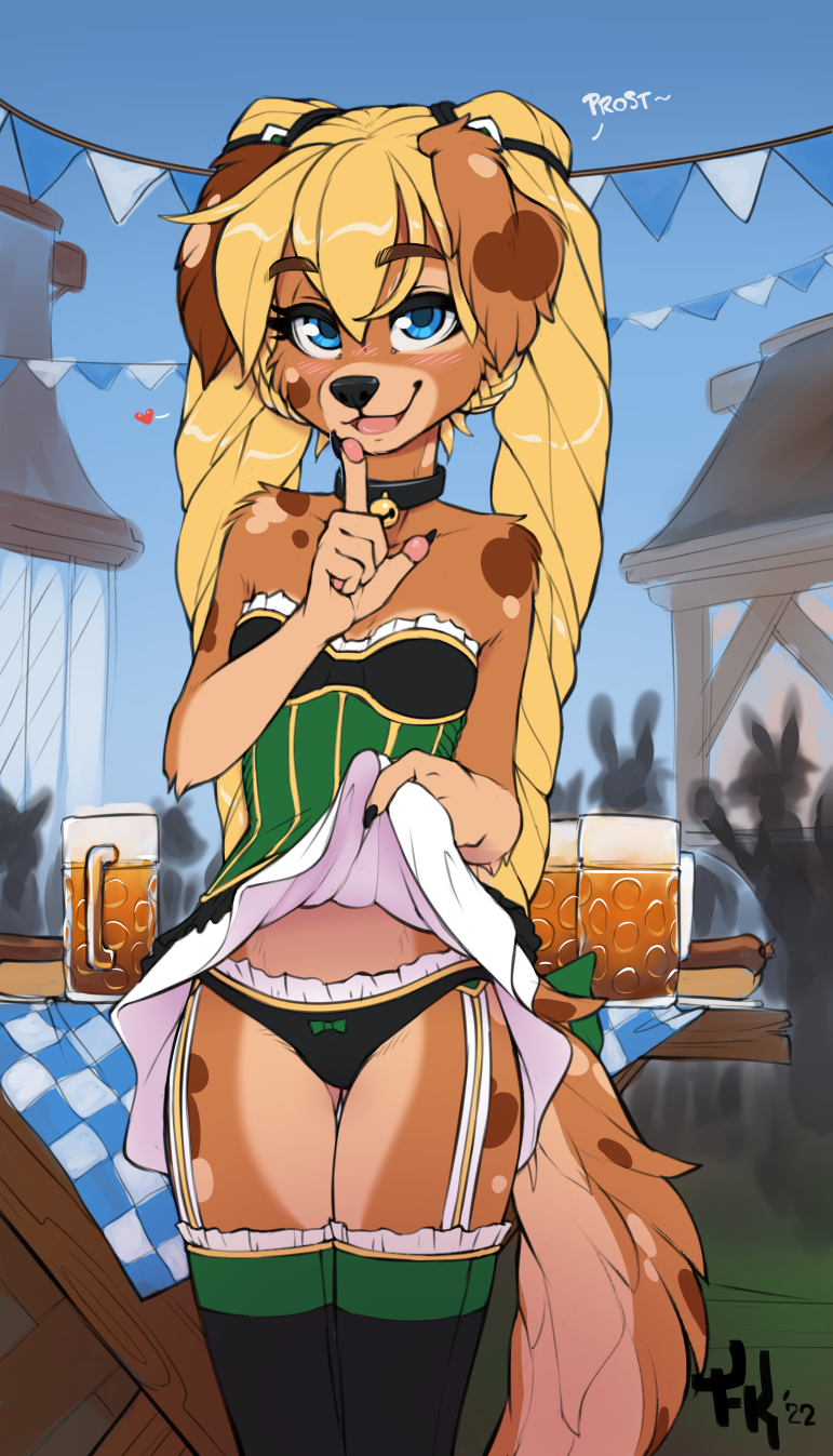 5_fingers alcohol anthro barmaid beer beverage black_claws black_clothing black_nose black_panties black_underwear blonde_hair blue_eyes blush bow_panties bow_underwear braided_hair breasts brown_body brown_fur claws clothed clothing clothing_lift colored_edge_panties colored_edge_underwear dress dress_lift exclusive_flashing exposure_variation eyelashes female finger_claws fingers flashing_panties frilly frilly_clothing frilly_panties frilly_underwear front_view fur hair holidays humanoid_hands long_hair looking_at_viewer markings multicolored_body multicolored_fur navel outside panties presenting presenting_panties presenting_underwear public shush silhouette solo spots spotted_body spotted_fur standing tail tan_body tan_fur text tuft underwear conditional_dnp fluff-kevlar oktoberfest zofie_(fluff-kevlar) australian_shepherd canid canine canis domestic_dog herding_dog mammal pastoral_dog sheepdog 2022 digital_media_(artwork) german_text hi_res signature